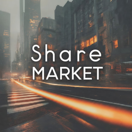 A cityscape at dusk with illuminated streets and the words 'Share Market' superimposed on it.の素材