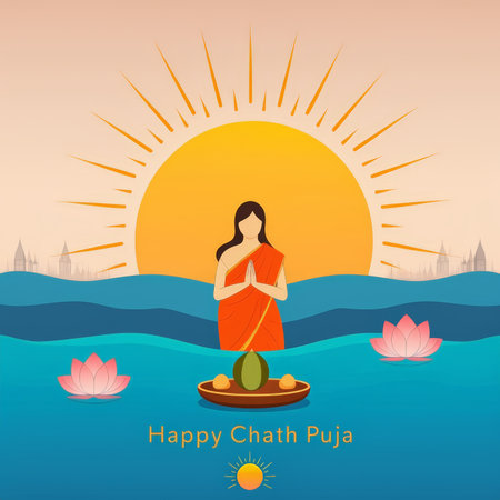 A woman in an orange sari performing Chath Puja with a serene background featuring the sun and water.の素材
