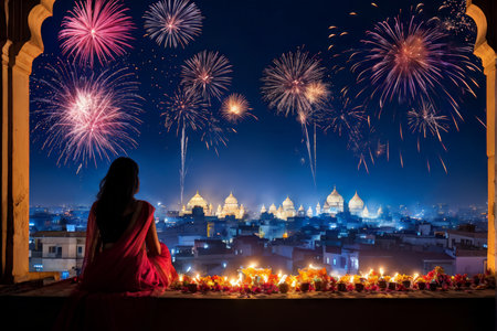 A woman in a red sari watches fireworks over the illuminated cityscape of India during Diwali celebrations.の素材