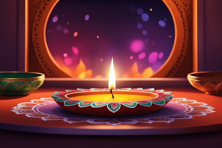 diwali lamp and diya on dark background with lights for indian festival celebrationの素材