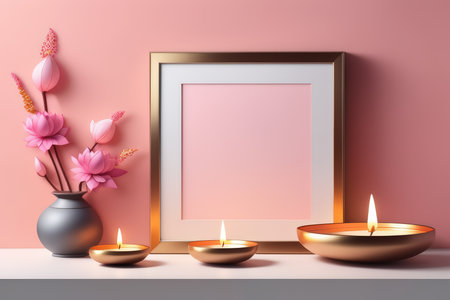 mock up of empty frame with pink flowers, candles and vase with empty space for text. 3d renderの素材