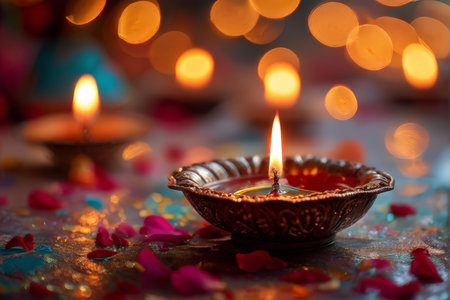 diwali, indian festival background. lights and diya, candles in wooden bowl, colorful and blurred background.の素材