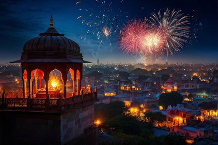 fireworks at night over the city of delhi, indiaの素材