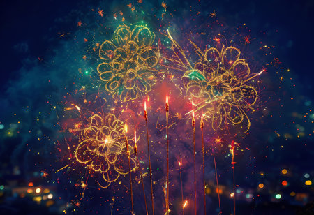 colorful fireworks in night sky with fireworks. new year 's backgroundの素材