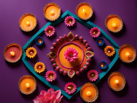 indian diwali or diwali diwali lamp, lamp or diya, diya, flowers, diya and flower on dark background.の素材