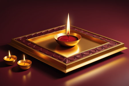 3d illustration of diwali festival, with diya, lamp and candlesの素材
