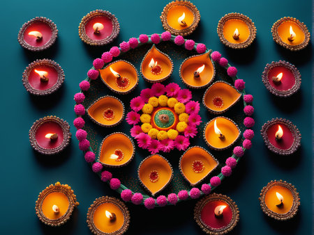 diwali festival, diwali and diwali celebration concept, indian festival of hindu festival with oil lamps, flowers and candles, diya on red background.の素材