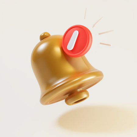 A golden bell with a red notification icon indicating an alert or message.の素材