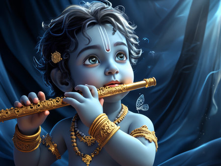 A digital illustration of a young deity playing the flute with butterflies around him.の素材