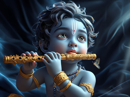 A digital illustration of a young Krishna playing the flute with butterflies around him.の素材