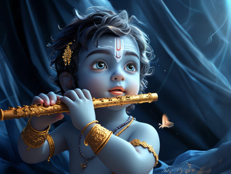 A young deity with a red mark on his forehead plays the flute amidst mystical elements.の素材