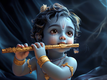 A digital rendering of a young Krishna playing the flute with a serene expression.の素材