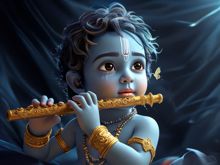 A digital illustration of a young Krishna playing the flute with a serene expression.の素材