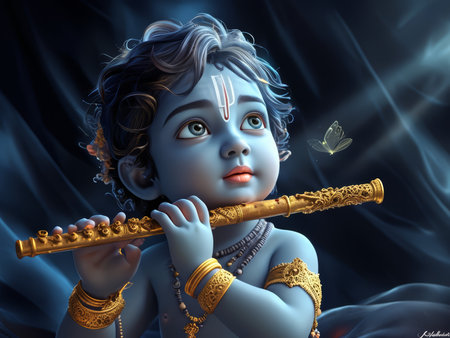 A digital illustration of a young Krishna playing the flute with a butterfly and soft light in the background.の素材