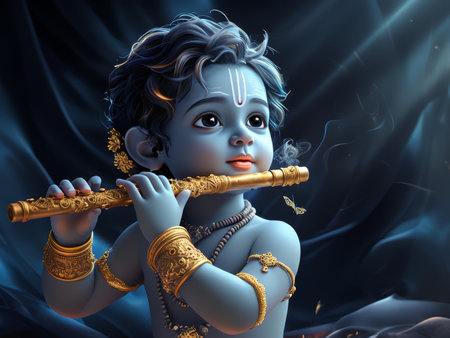 A digital illustration of a young Krishna playing the flute with a serene expression.の素材