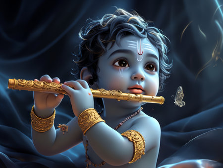 A young deity with a serene expression plays the flute in an ethereal setting.の素材