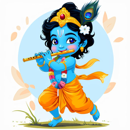 A colorful illustration of a young Krishna playing the flute with joyful expression.の素材