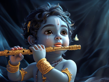 A digital illustration of a young Krishna playing the flute with tears in his eyes.の素材