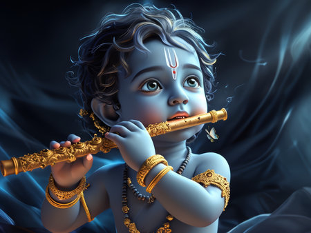 A digital illustration of a young deity playing the flute with an aura of tranquility and divinity.の素材