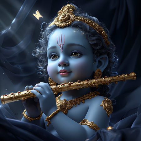 A serene depiction of a young deity playing the flute with golden adornments.の素材