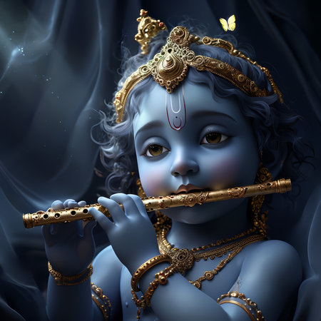 A digital illustration of a young deity playing the flute with an aura of tranquility and divinity.の素材