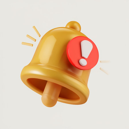 A yellow bell with a red exclamation mark sign indicating an alert or warning.の素材