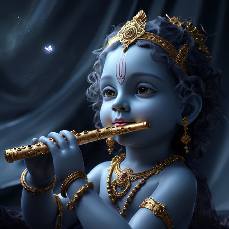 A digital rendering of a young deity playing the flute with an ethereal background.の素材