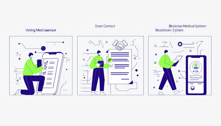 Illustrative depiction of three digital systems in healthcare and voting.の素材