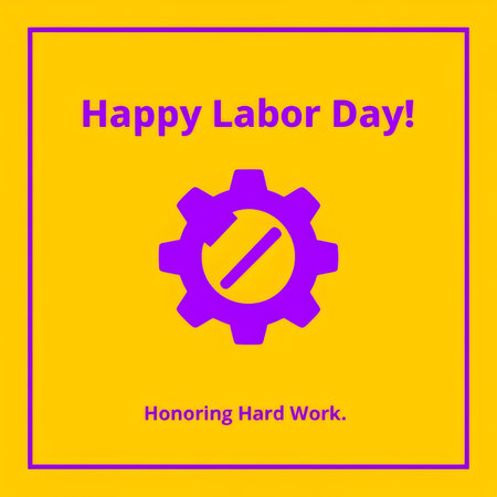 A vibrant Labor Day greeting card with a purple gear icon and celebratory text on a yellow background.の素材