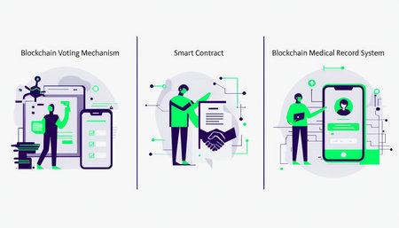 Illustrative depiction of blockchain technology applications in voting mechanism, smart contracts, and medical record systems.の素材