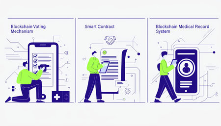 Illustrative infographic depicting the use of blockchain technology in various sectors.の素材