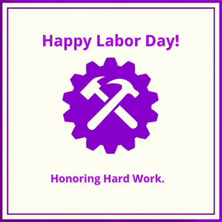 This image features a festive greeting for Labor Day. It includes the text 'Happy Labor Day!' in purple at the top and bottom of the graphic, with an illustration of a large purpleの素材