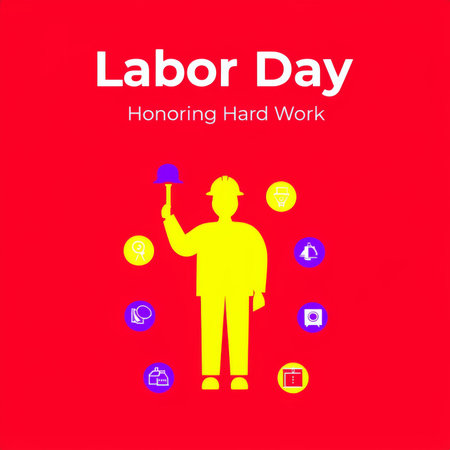A vibrant Labor Day poster celebrating hard work with a silhouette of a worker and various icons representing different aspects of labor.の素材