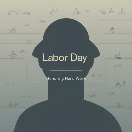 A silhouette of a person with the text 'Labor Day' and 'Honoring Hard Work', surrounded by various work-related icons on a muted background.の素材