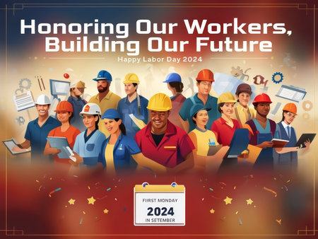 A colorful illustration celebrating Labor Day in the year 2024 with a diverse group of workers.の素材