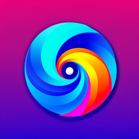 A vibrant and colorful abstract spiral design with a central white dot on a gradient background transitioning from pink to purple.の素材