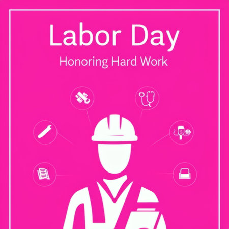 A graphic celebrating Labor Day with a focus on hard work and various professions.の素材