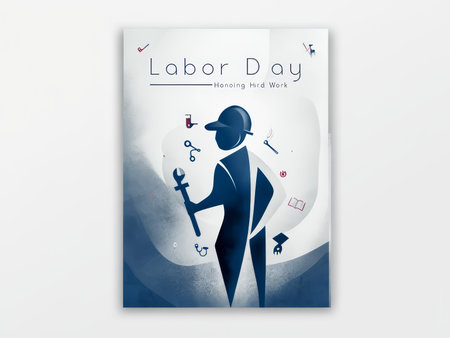 A stylized poster celebrating Labor Day with a silhouette of a worker holding tools.の素材