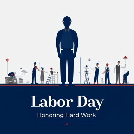 A Labor Day poster celebrating hard work with silhouetted figures representing various professions.の素材
