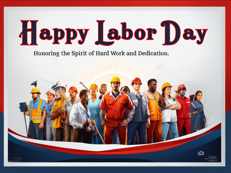 A colorful poster celebrating Labor Day with a diverse group of workers in various uniforms.の素材