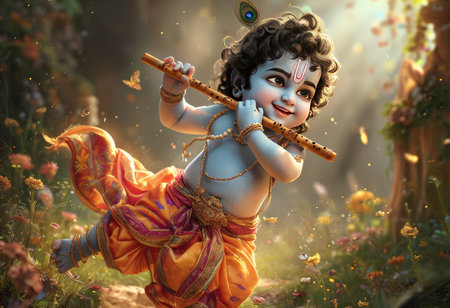 A serene depiction of a child playing the flute in a lush, sunlit garden, symbolizing innocence and harmony with nature.の素材