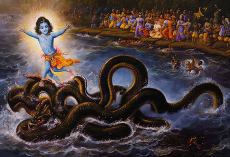 A divine figure triumphantly standing on a coiled serpent, surrounded by a crowd of onlookers, symbolizing a mythological battle and victory.の素材