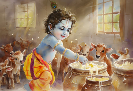 A serene depiction of a young child, Lord Krishna, playing with butter and cows in a rustic setting, symbolizing innocence and simplicity.の素材