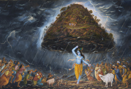 A serene scene of a deity dancing amidst a crowd, with a mountain and stormy sky in the background, symbolizing divine intervention and protection.の素材