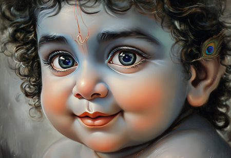 A close-up of a cherubic baby with large, expressive eyes and curly hair, exuding innocence and charm.の素材