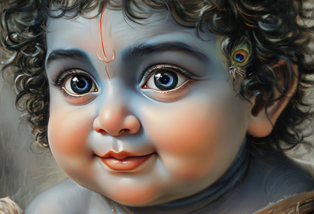 A serene and joyful depiction of a baby with a serene expression, set against a soft, ethereal background, evoking a sense of innocence and tranquility.の素材