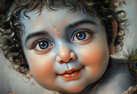 A close-up of a child with curly hair and a red bindi, exuding innocence and joy.の素材