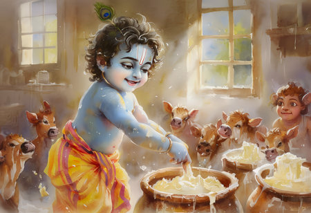 A serene depiction of a young child, dressed in traditional attire, milking cows in a rustic setting, surrounded by a group of smiling children, symbolizing innocence and rural lifの素材