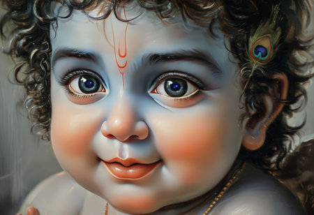 A close-up of a cherubic baby with large expressive eyes, curly hair, and a serene expression, adorned with a peacock feather.の素材