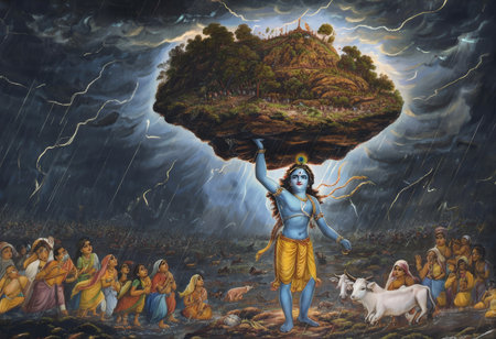 A serene scene of a deity holding a floating island above a crowd, symbolizing protection and divine intervention in a stormy sky.の素材